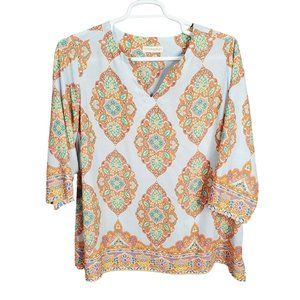 Cynthia Rowley Size 2X Tunic Blouse Pullover Medallion Print Split Neck Blue